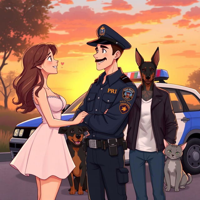 A heartwarming illustration depicting a PRF (Polícia Rodoviária Federal) officer and a PM (Polícia Militar) officer smiling at each other with affection