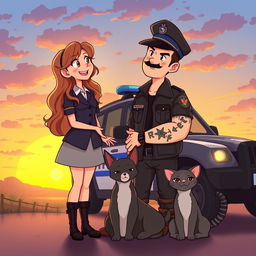 A heartwarming illustration depicting a PRF (Polícia Rodoviária Federal) officer and a PM (Polícia Militar) officer smiling at each other with affection