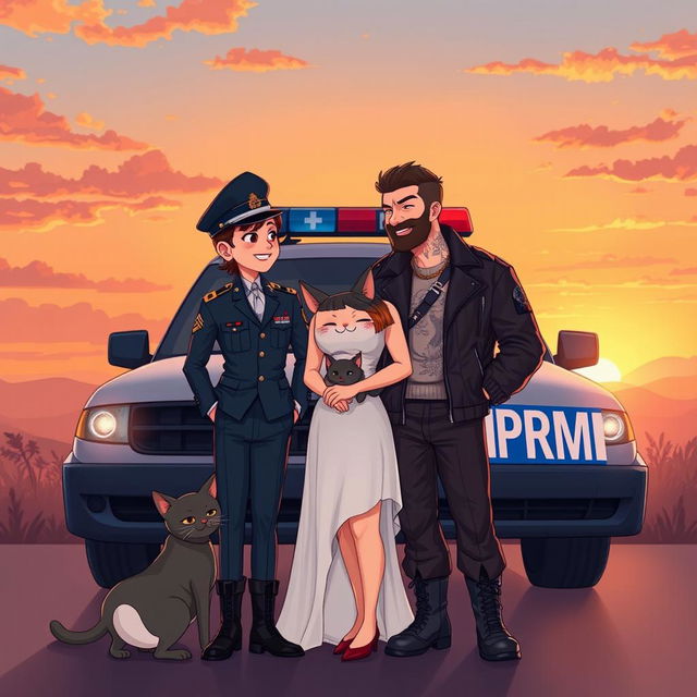 A sophisticated and romantic illustration depicting a PRF (Polícia Rodoviária Federal) officer and a PM (Polícia Militar) officer smiling at each other during a stunning sunset