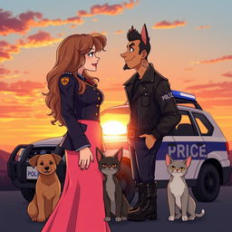 A sophisticated and romantic illustration depicting a PRF (Polícia Rodoviária Federal) officer and a PM (Polícia Militar) officer smiling at each other during a stunning sunset