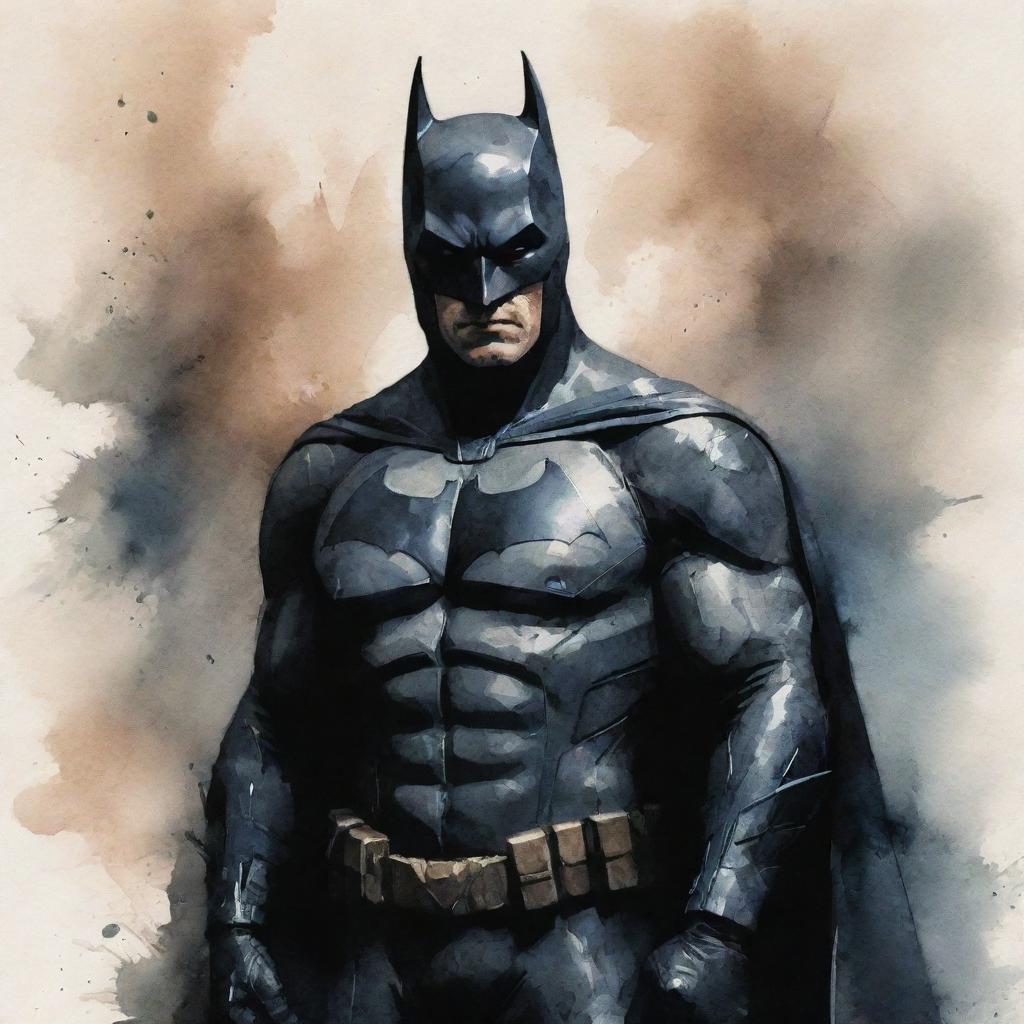 Batman, posed in an atmospheric and moody watercolor style.