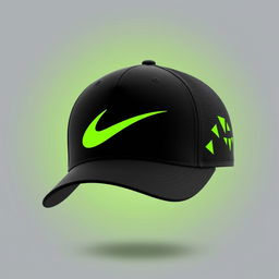 A stylish and modern cap design, featuring a sleek black base with a vibrant neon green logo prominently displayed on the front