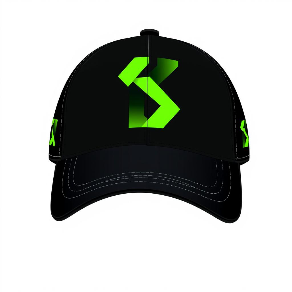 A stylish and modern cap design, featuring a sleek black base with a vibrant neon green logo prominently displayed on the front