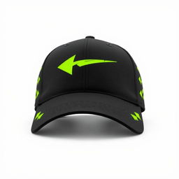 A stylish and modern cap design, featuring a sleek black base with a vibrant neon green logo prominently displayed on the front