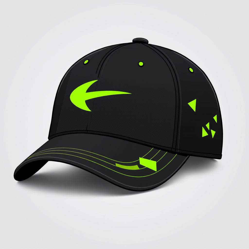 A stylish and modern cap design, featuring a sleek black base with a vibrant neon green logo prominently displayed on the front