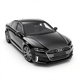 A stunning 3D rendering of the Audi A8 luxury sedan, showcased in a sleek black finish against a crisp white background