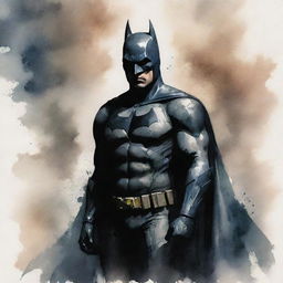 Batman, posed in an atmospheric and moody watercolor style.