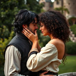 A handsome man with black hair dressed in medieval attire, gently holding the face of a woman with curly hair who is wearing modern clothing in a sensual manner