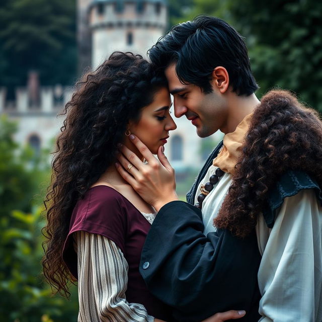 A handsome man with black hair dressed in medieval attire, gently holding the face of a woman with curly hair who is wearing modern clothing in a sensual manner