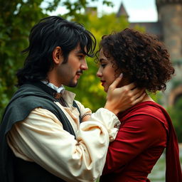 A handsome man with black hair dressed in medieval attire, gently holding the face of a woman with curly hair who is wearing modern clothing in a sensual manner