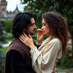 A handsome man with black hair dressed in medieval attire, gently holding the face of a woman with curly hair who is wearing modern clothing in a sensual manner