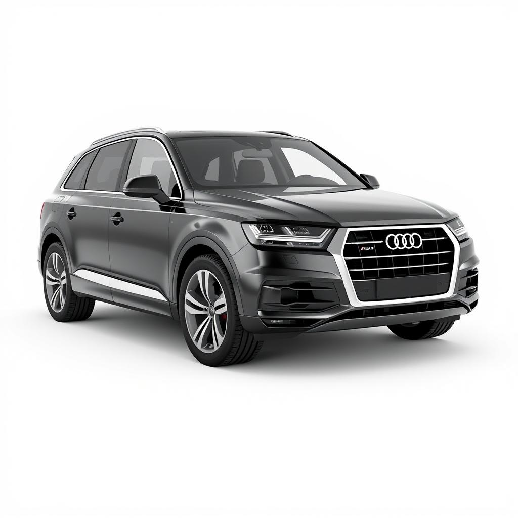 A striking 3D rendering of the Audi Q7 SUV, presented in a sleek black finish against a clean white background