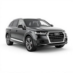 A striking 3D rendering of the Audi Q7 SUV, presented in a sleek black finish against a clean white background