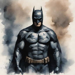 Batman, posed in an atmospheric and moody watercolor style.