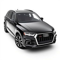 A striking 3D rendering of the Audi Q7 SUV, presented in a sleek black finish against a clean white background