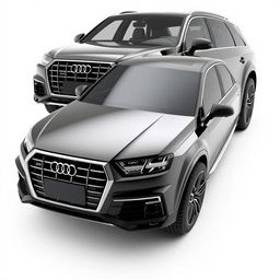 A striking 3D rendering of the Audi Q7 SUV, presented in a sleek black finish against a clean white background