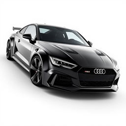 An impressive 3D rendering of the Audi RS sports car, depicted in a striking black finish against a pristine white background