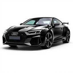 An impressive 3D rendering of the Audi RS sports car, depicted in a striking black finish against a pristine white background