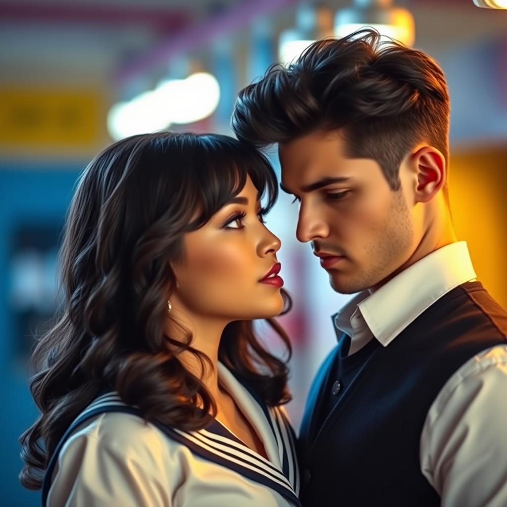 A handsome man with black hair gazing sensually at a woman with wavy hair, wearing a school uniform