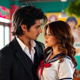 A handsome man with black hair gazing sensually at a woman with wavy hair, wearing a school uniform