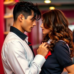 A handsome man with black hair gazing sensually at a woman with wavy hair, wearing a school uniform