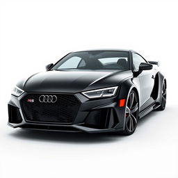 An impressive 3D rendering of the Audi RS sports car, depicted in an eye-catching black finish facing right against a pristine white background