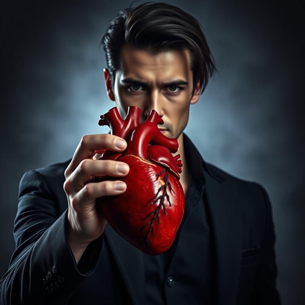 A handsome man with black hair and a serious expression holding a human heart, showcasing the intricate details of the heart