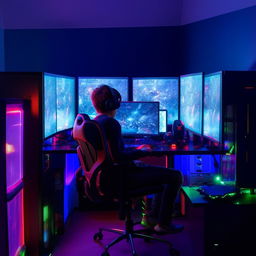 A young individual engrossed in an engaging online game on a low-budget but functional gaming setup, with dim ambient lighting enhancing the glowing screens.