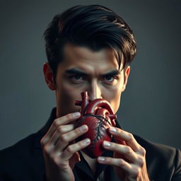 A handsome man with black hair and a serious expression holding a human heart, showcasing the intricate details of the heart