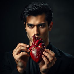 A handsome man with black hair and a serious expression holding a human heart, showcasing the intricate details of the heart