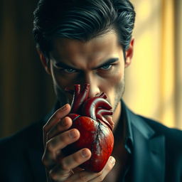 A handsome man with black hair and a serious expression holding a human heart, showcasing the intricate details of the heart