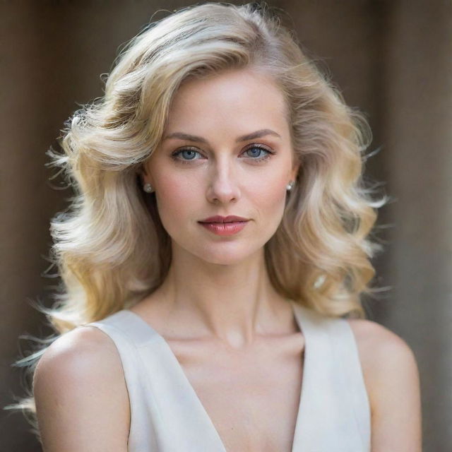 A portrait of a beautiful blonde woman, elegantly dressed, with a graceful demeanor. Her fair hair cascading down her shoulders, a faint smile playing on her lips.