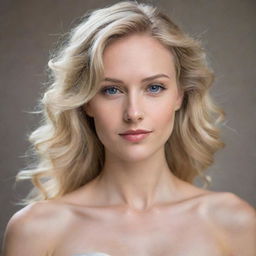 A portrait of a beautiful blonde woman, elegantly dressed, with a graceful demeanor. Her fair hair cascading down her shoulders, a faint smile playing on her lips.