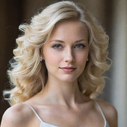 A portrait of a beautiful blonde woman, elegantly dressed, with a graceful demeanor. Her fair hair cascading down her shoulders, a faint smile playing on her lips.