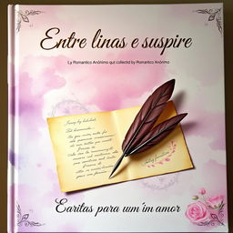 A captivating book cover for a poetry collection titled "Entre linhas e suspiros - Cartas para um amor" by Romântico Anônimo