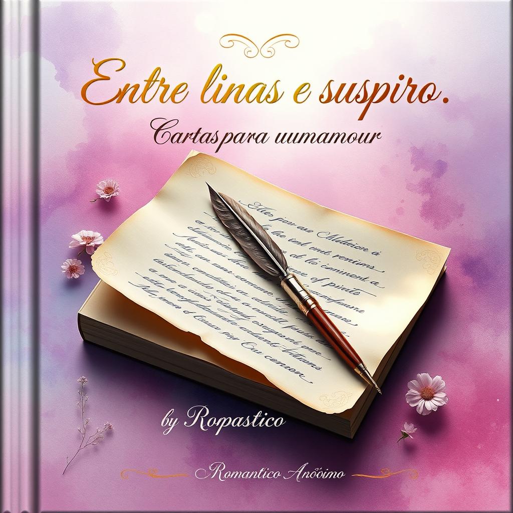 A captivating book cover for a poetry collection titled "Entre linhas e suspiros - Cartas para um amor" by Romântico Anônimo