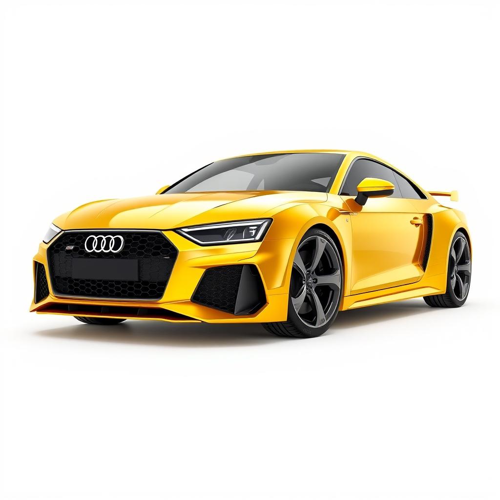 An eye-catching 3D rendering of the Audi RS sports car, depicted in a stunning gold finish set against a pristine white background