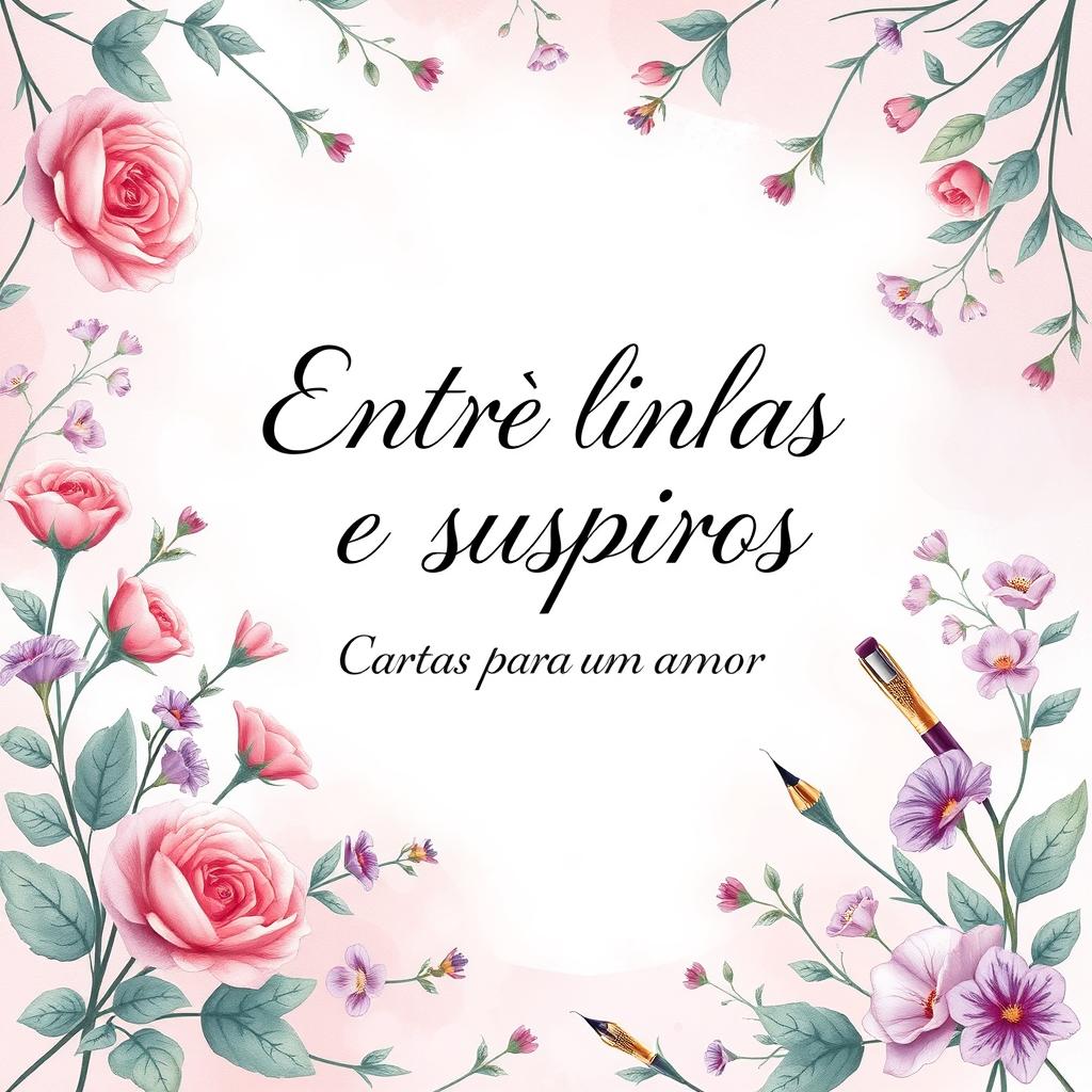 A beautifully illustrated book cover for a poetry collection titled 'Entre linhas e suspiros - Cartas para um amor' written by Romântico Anônimo