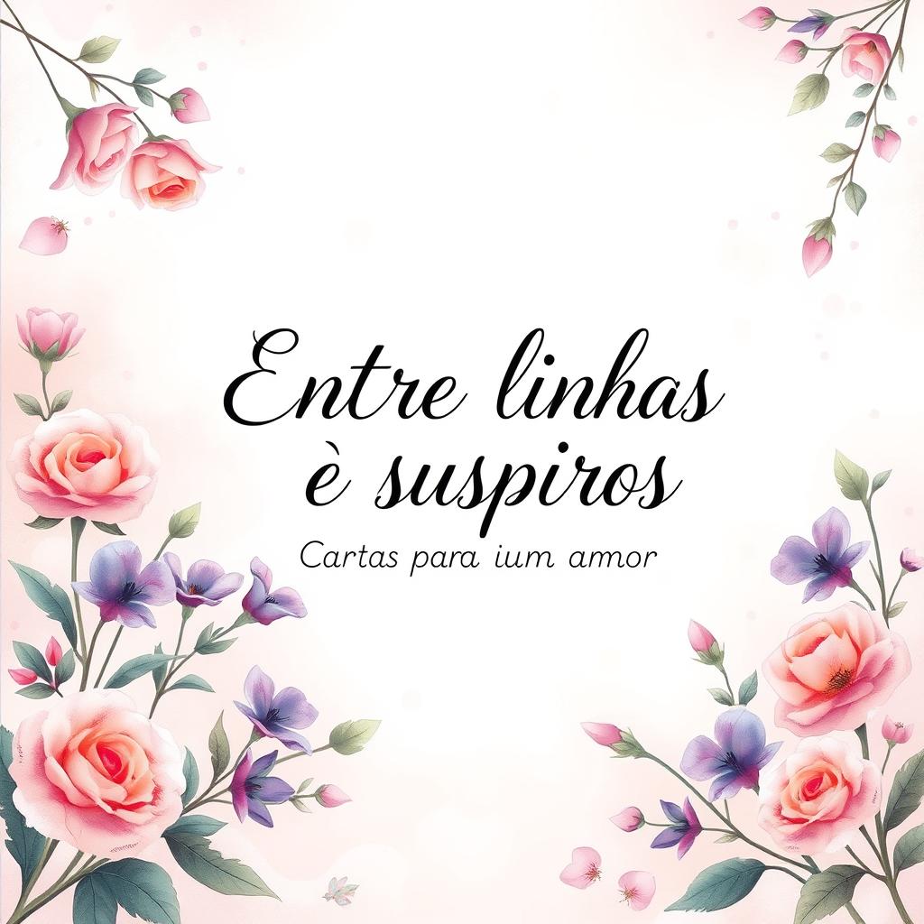 A beautifully illustrated book cover for a poetry collection titled 'Entre linhas e suspiros - Cartas para um amor' written by Romântico Anônimo