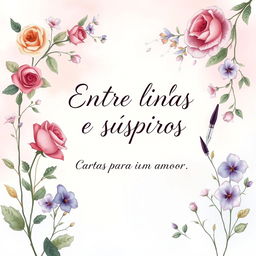 A beautifully illustrated book cover for a poetry collection titled 'Entre linhas e suspiros - Cartas para um amor' written by Romântico Anônimo