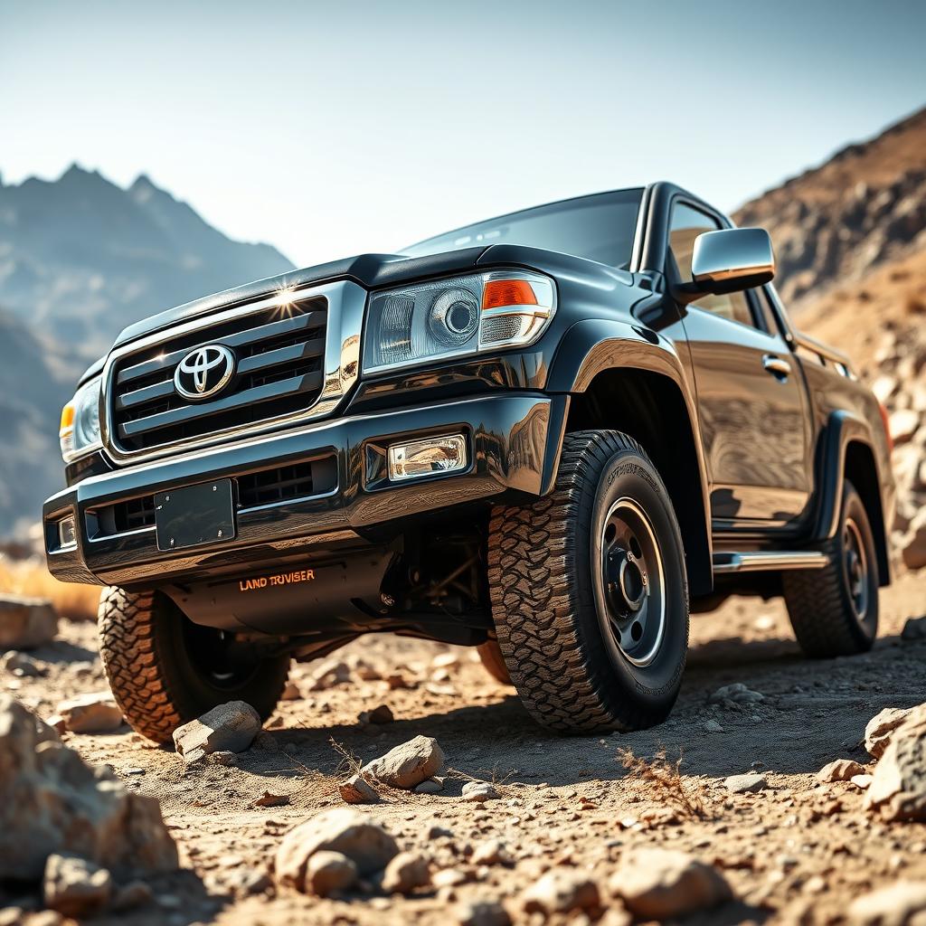 A detailed view of a Toyota Land Cruiser 100 pickup truck, showcasing its robust and rugged design