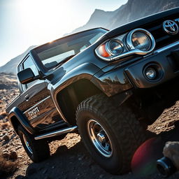 A detailed view of a Toyota Land Cruiser 100 pickup truck, showcasing its robust and rugged design