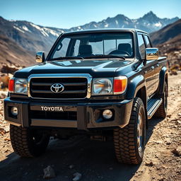 A detailed view of a Toyota Land Cruiser 100 pickup truck, showcasing its robust and rugged design