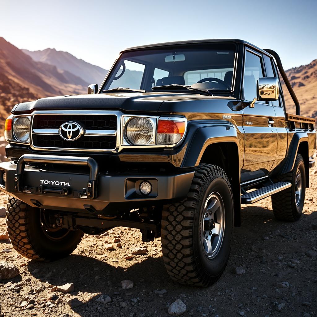 A detailed view of a Toyota Land Cruiser 100 pickup truck, showcasing its robust and rugged design