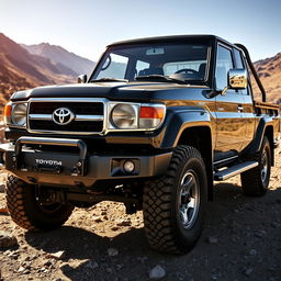 A detailed view of a Toyota Land Cruiser 100 pickup truck, showcasing its robust and rugged design