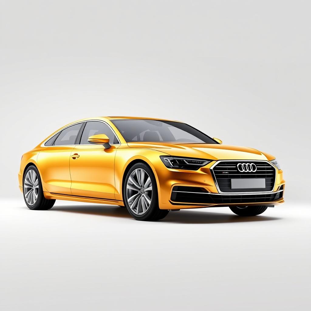 An elegant 3D rendering of the Audi A8 luxury sedan, depicted in a stunning gold finish against a clean white background