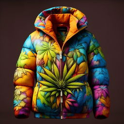 A streetwear style puffer jacket, infused with the vibrant, hallucinatory art of Takashi Murakami, featuring a detailed, exquisitely rendered marijuana leaf as the main design.