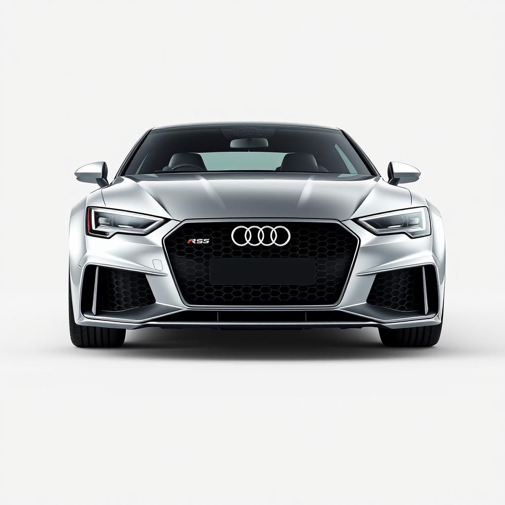 A striking 3D rendering of the Audi RS sports car, depicted in a sleek silver finish set against a clean white background