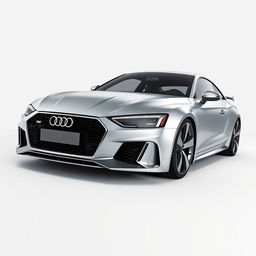 A striking 3D rendering of the Audi RS sports car, depicted in a sleek silver finish set against a clean white background