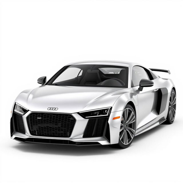 A striking 3D rendering of the Audi RS sports car, depicted in a sleek silver finish set against a clean white background